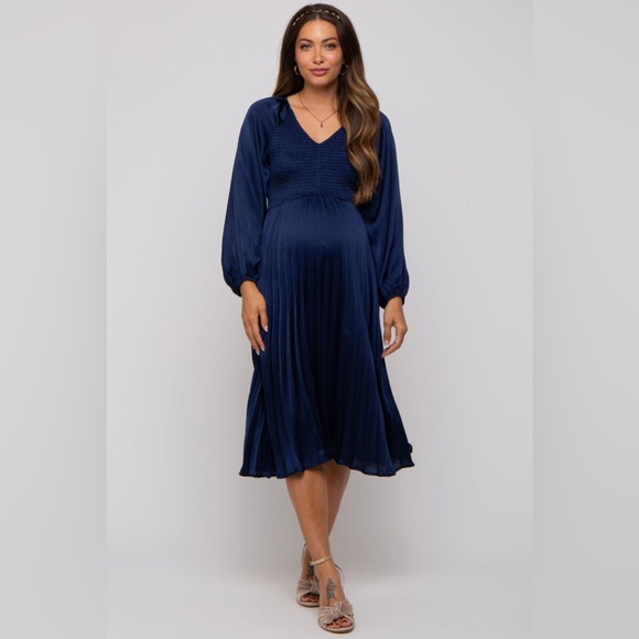 Pinkblush satin smocked long sleeve dress nwt